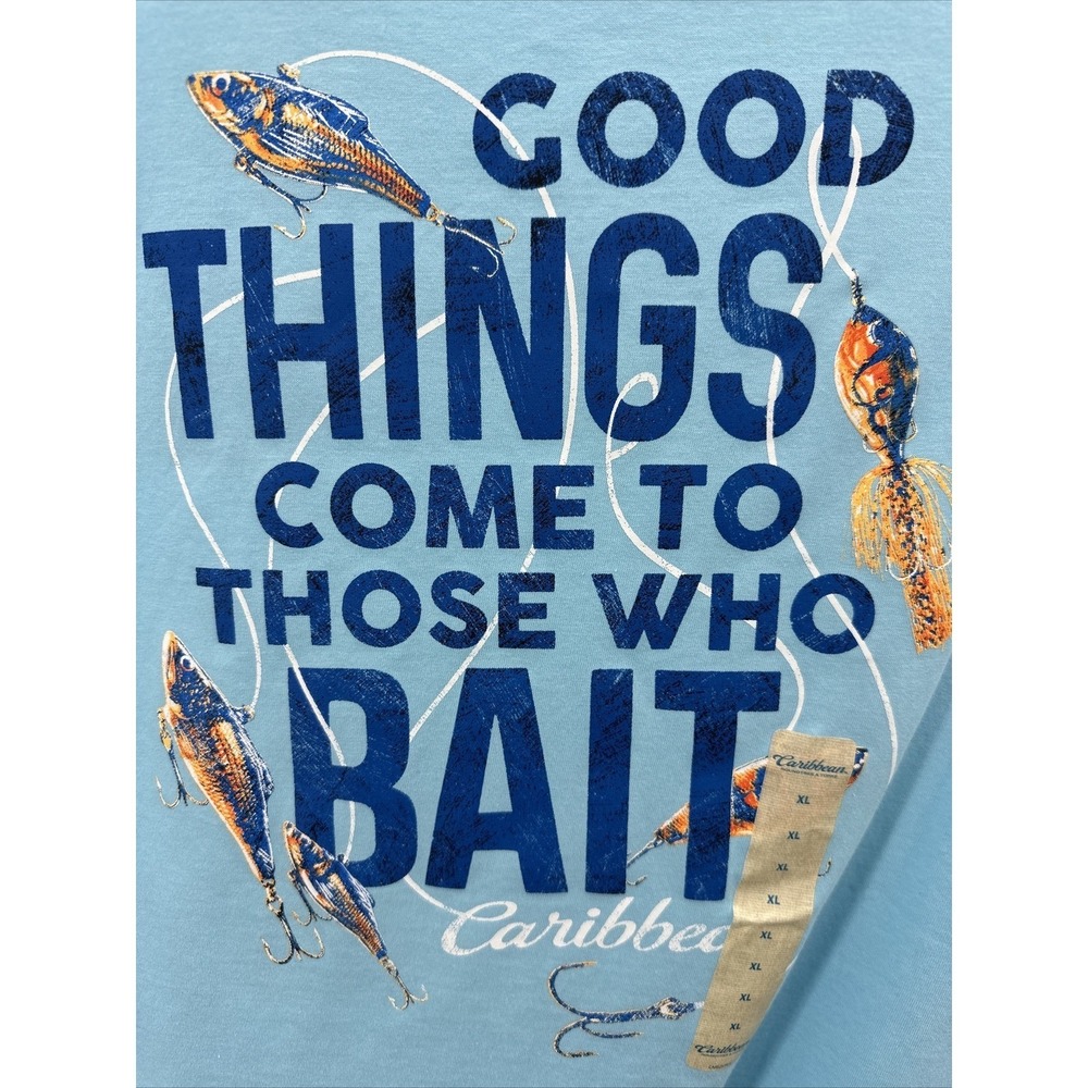 NEW Tags Fishing TShirt Men's Size XL‎ Aqua Blue Cotton Tee Shirt S/S Fish Bait